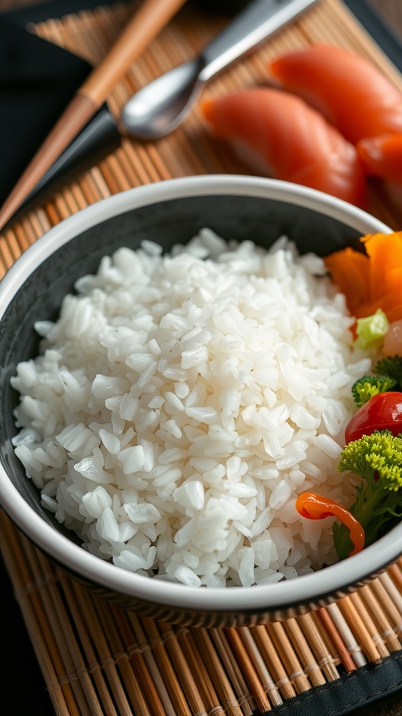 Perfect Sushi Rice Recipe Delicious sushi rice served with fresh fish and vegetables on a bamboo mat.